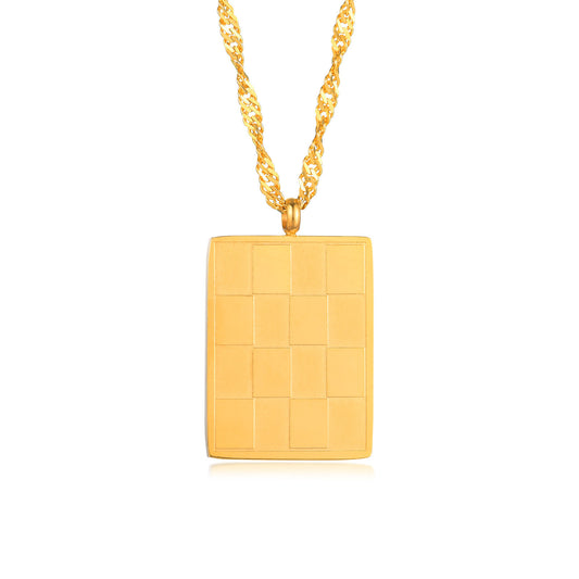 Stainless Steel Gold Checkerboard Geometric Pendant Necklace