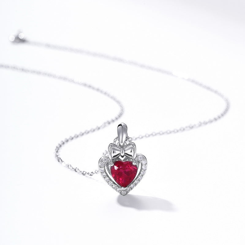 S925 Sterling Silver Gold-Plated Lab-Grown Ruby Heart Pendant Necklace