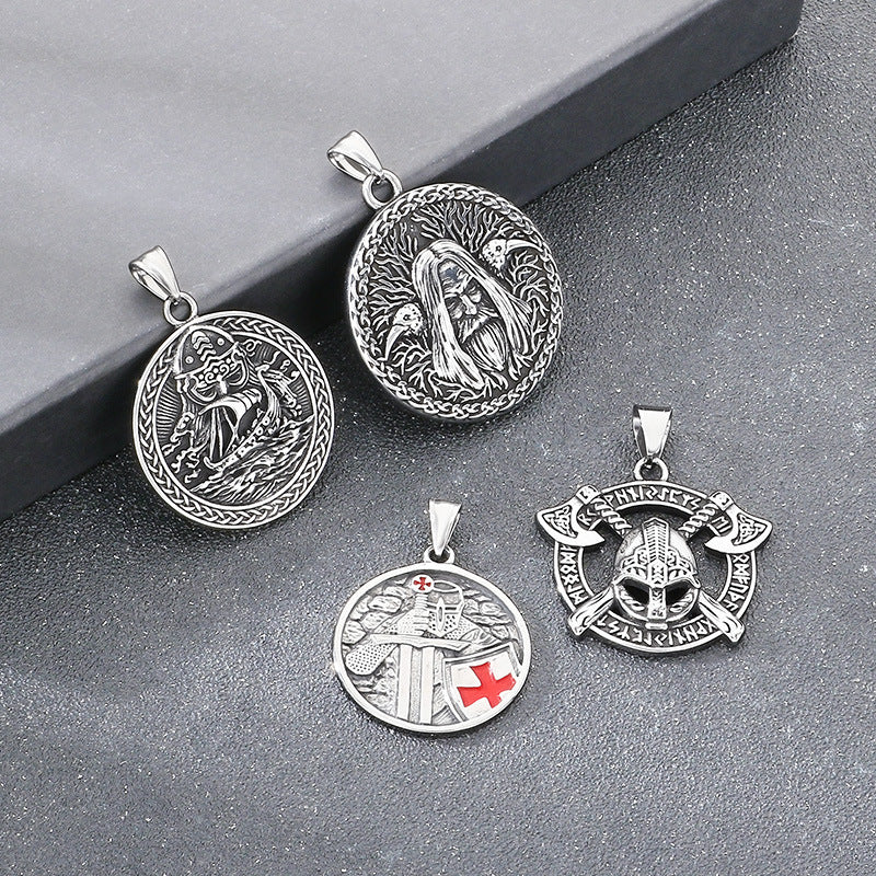 Templars Red Cross Jewelry, Viking Battleship Tomahawk Crow Odin Titanium Steel Men's Pendant Necklace