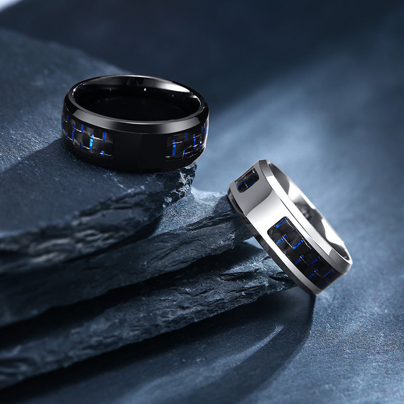Face Width 8MM Stainless Steel Men's Ring Blue Black Carbon Fiber