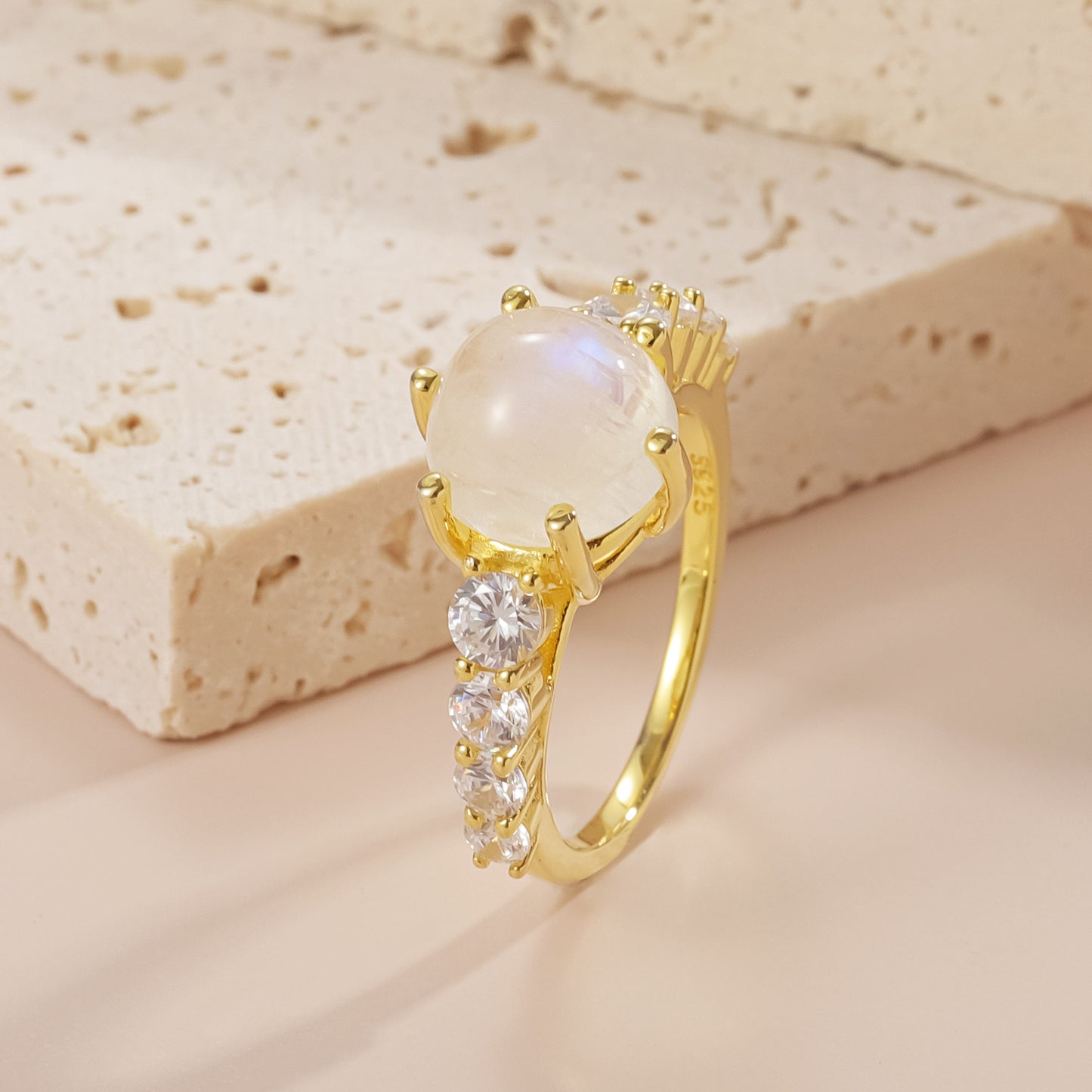 Gold Gemstone Ring 2.7 Carat 18k Gold Plated S925 Sterling Silver with Natural Moonstone