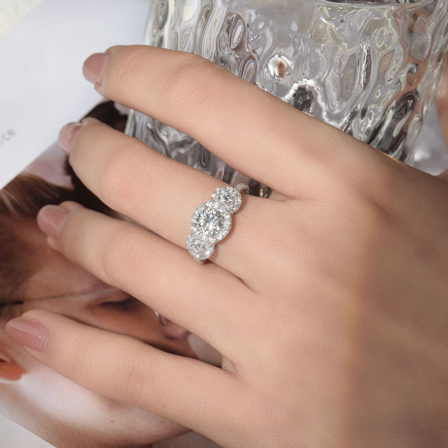 Planderful Moissanite Ring For Women With Sparkling Three Moissanite Flower Design In Sterling Silver 6mm Main Stone