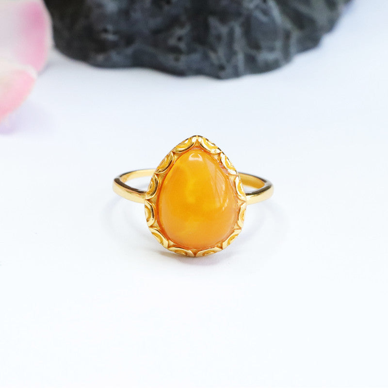 Silver Water Drop Amber Ring