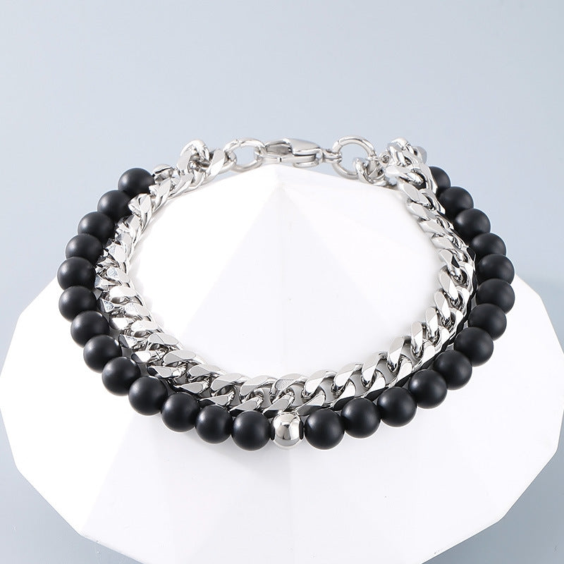 Planderful Mens Beaded Bracelet Black Agate Double Layer