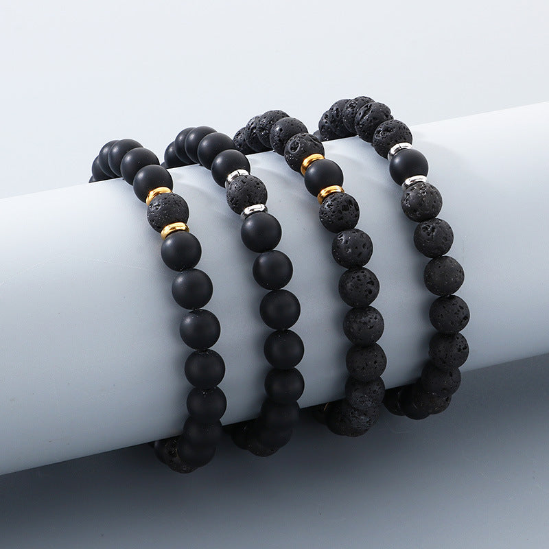 Stainless Steel Bracelet – Punk Volcanic Stone Frosted Black Agate Elastic Rope Handmade