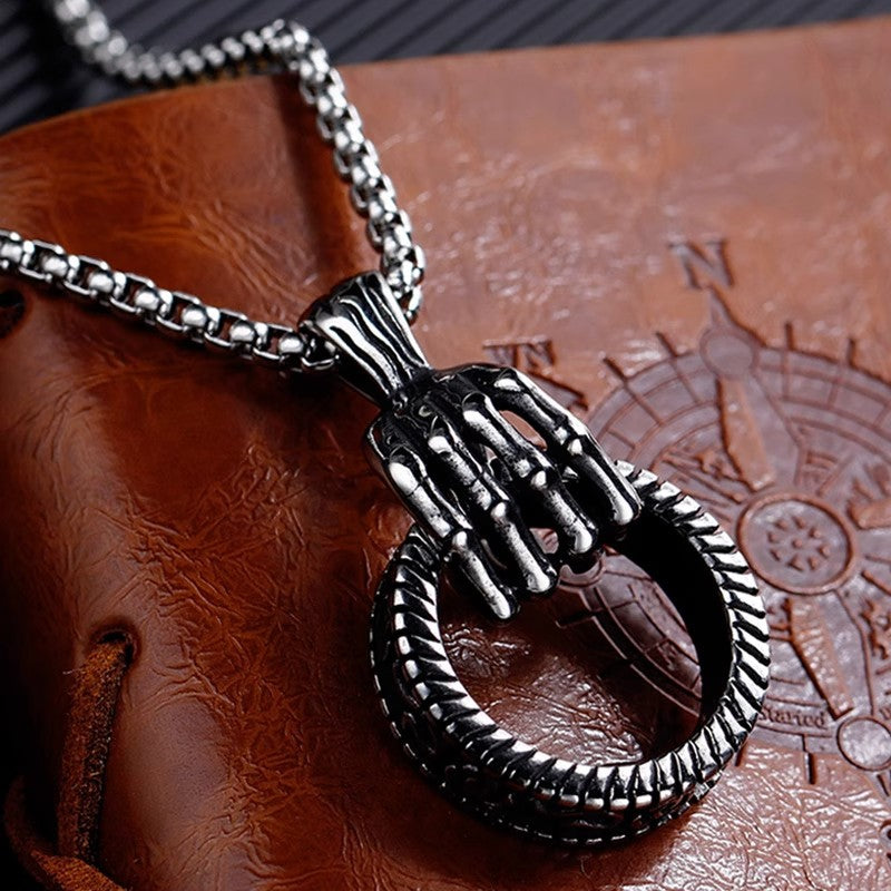 Planderful Jewelry Skeleton Hand Necklace Stainless Steel Gothic Pendant For Men And Women