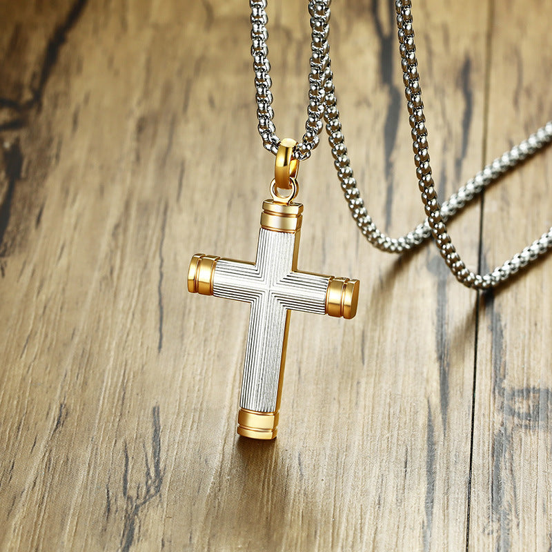 Men's Cross Necklace Stainless Steel Cross Pendant Steel Gold