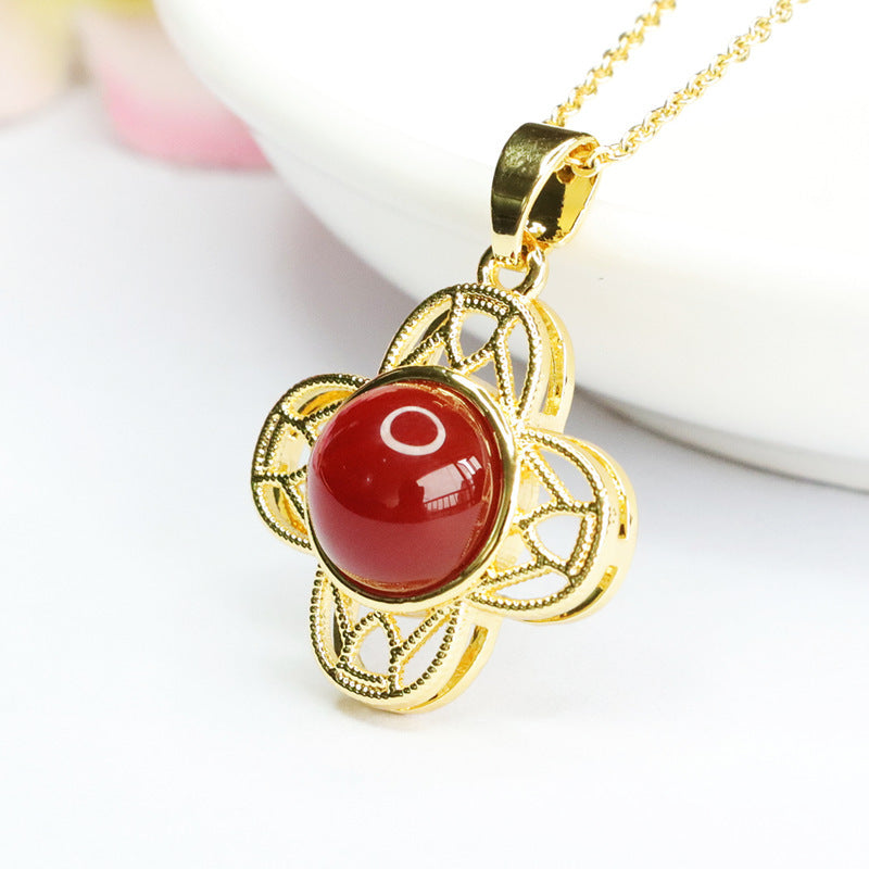 Red Agate Clover Cabochon Pendant — No Chain
