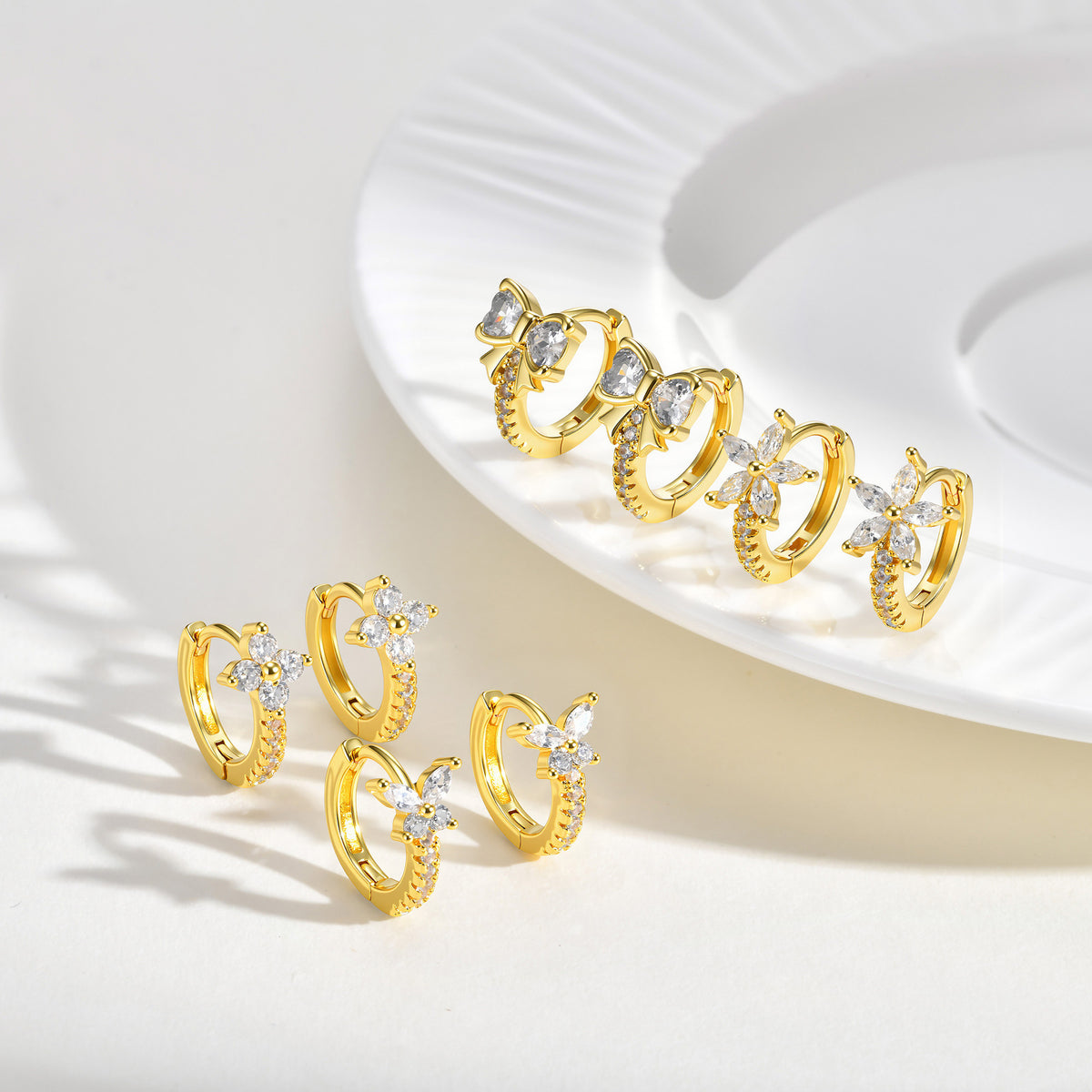 Floral Cat Zircon Earrings — Four Designs, Five Stone Colors