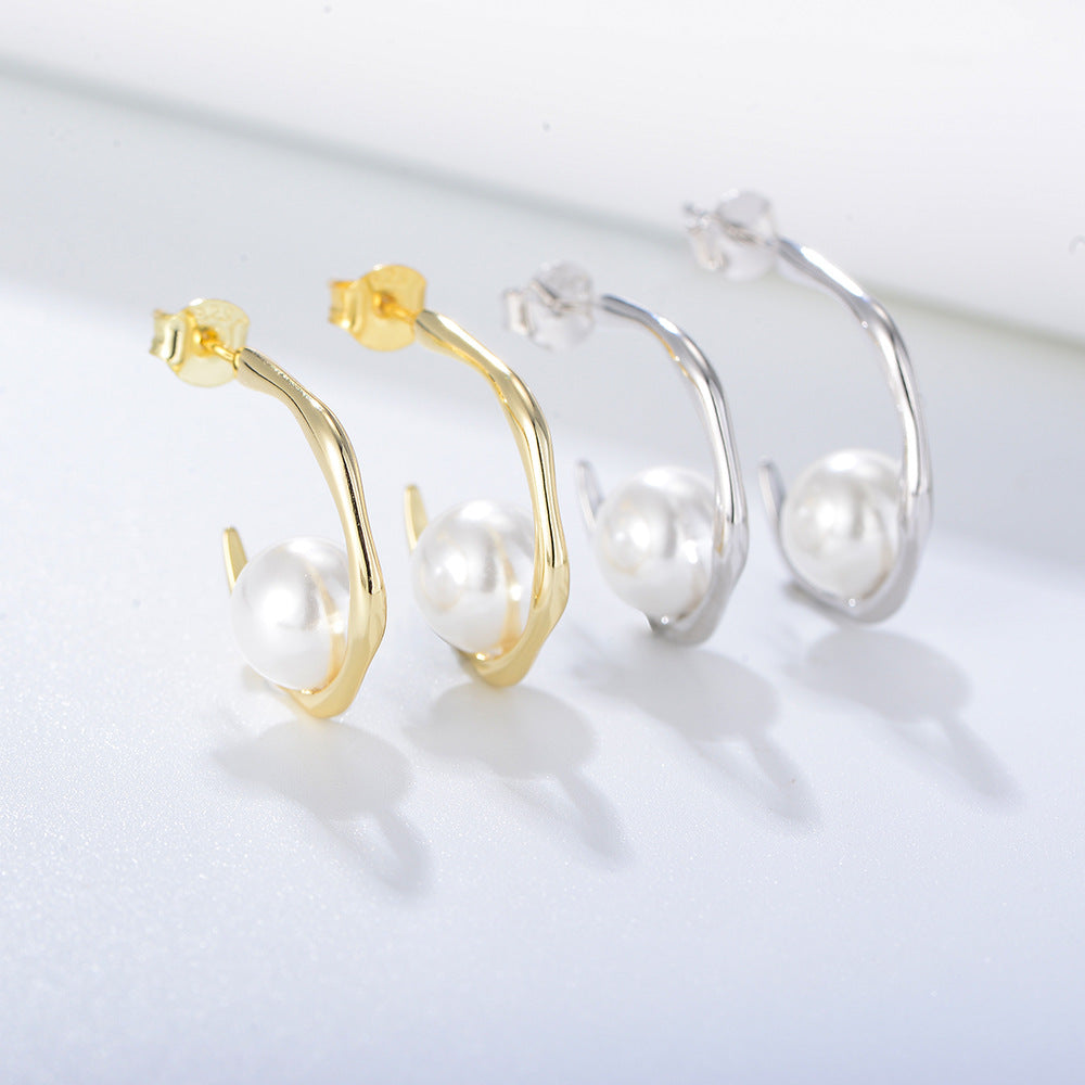 Geometric C-Shaped Shell Bead Silver Stud Earrings S925 Sterling Silver Pearl Earrings