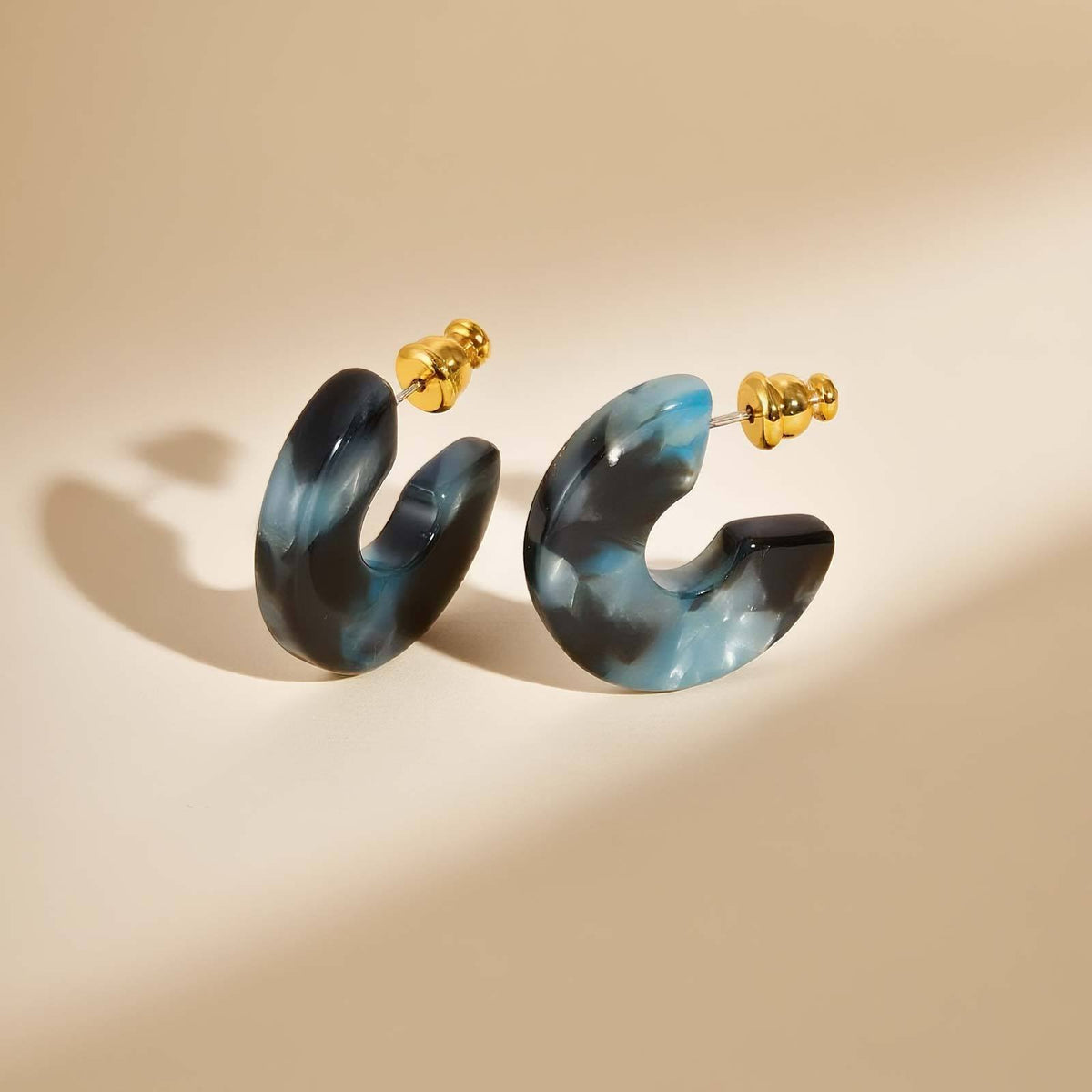 Dark Teal Marbled Resin Open Hoop Earrings