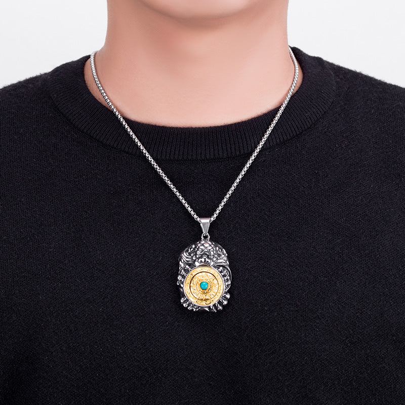 Stainless Steel Necklace – Statement Twelve Zodiac Hexagram Pixiu Tag Rotatable Pendant For Men