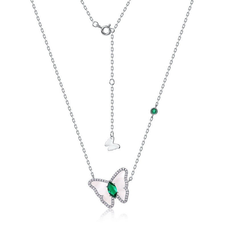S925 Sterling Silver Lab-Grown Emerald Butterfly Pendant Necklace