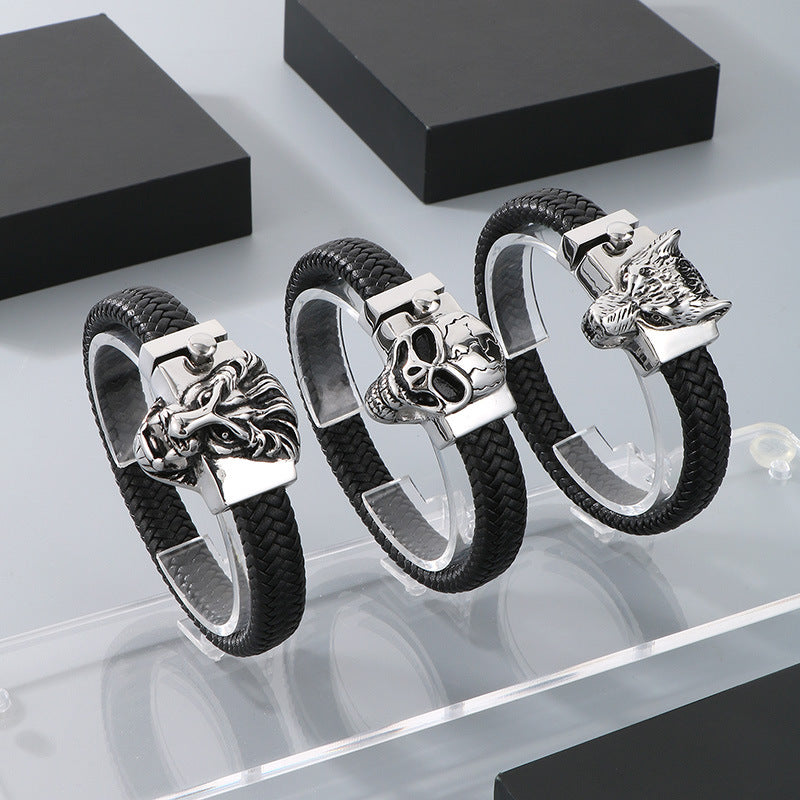 Planderful Wolf Head Leather Bracelet For Men Personalized