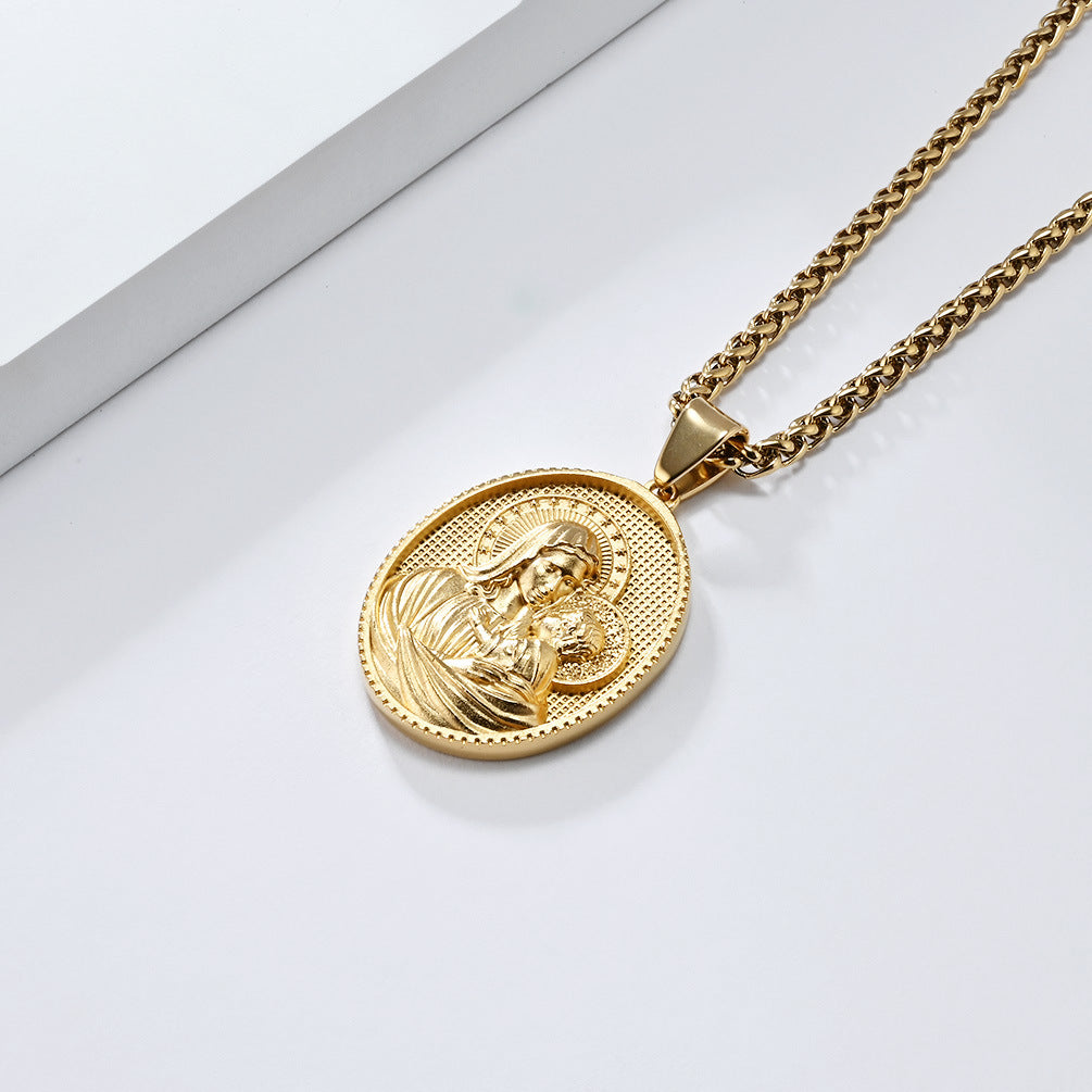 Virgin Mary Titanium Steel Necklace Round Tag Pendant for Men