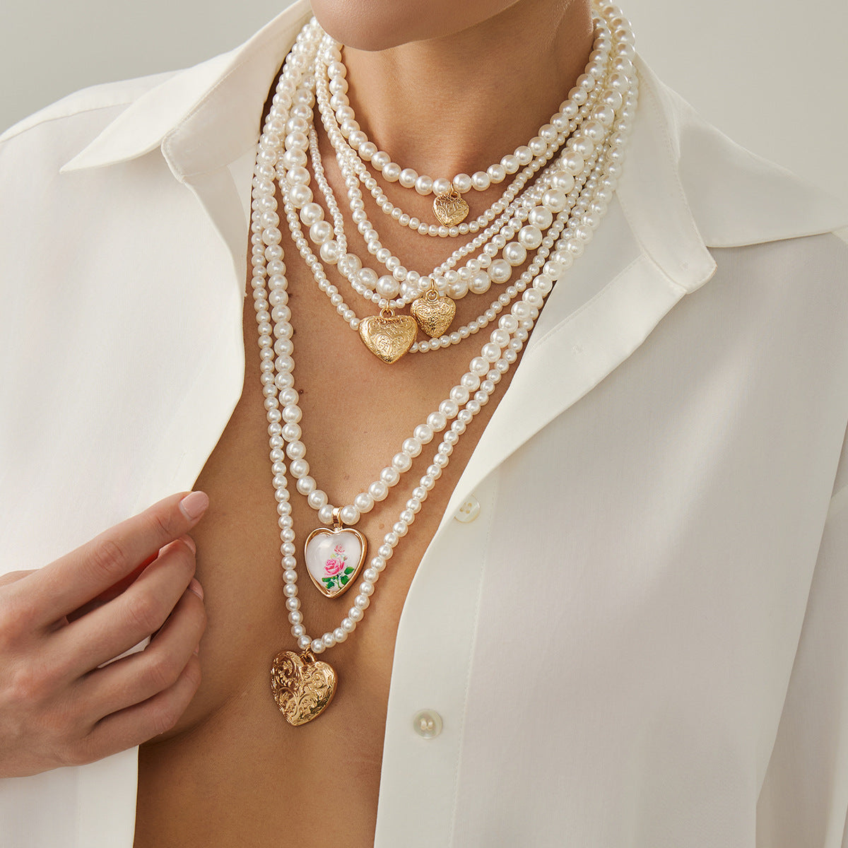 Heart Fringe Pearl Layered Necklace