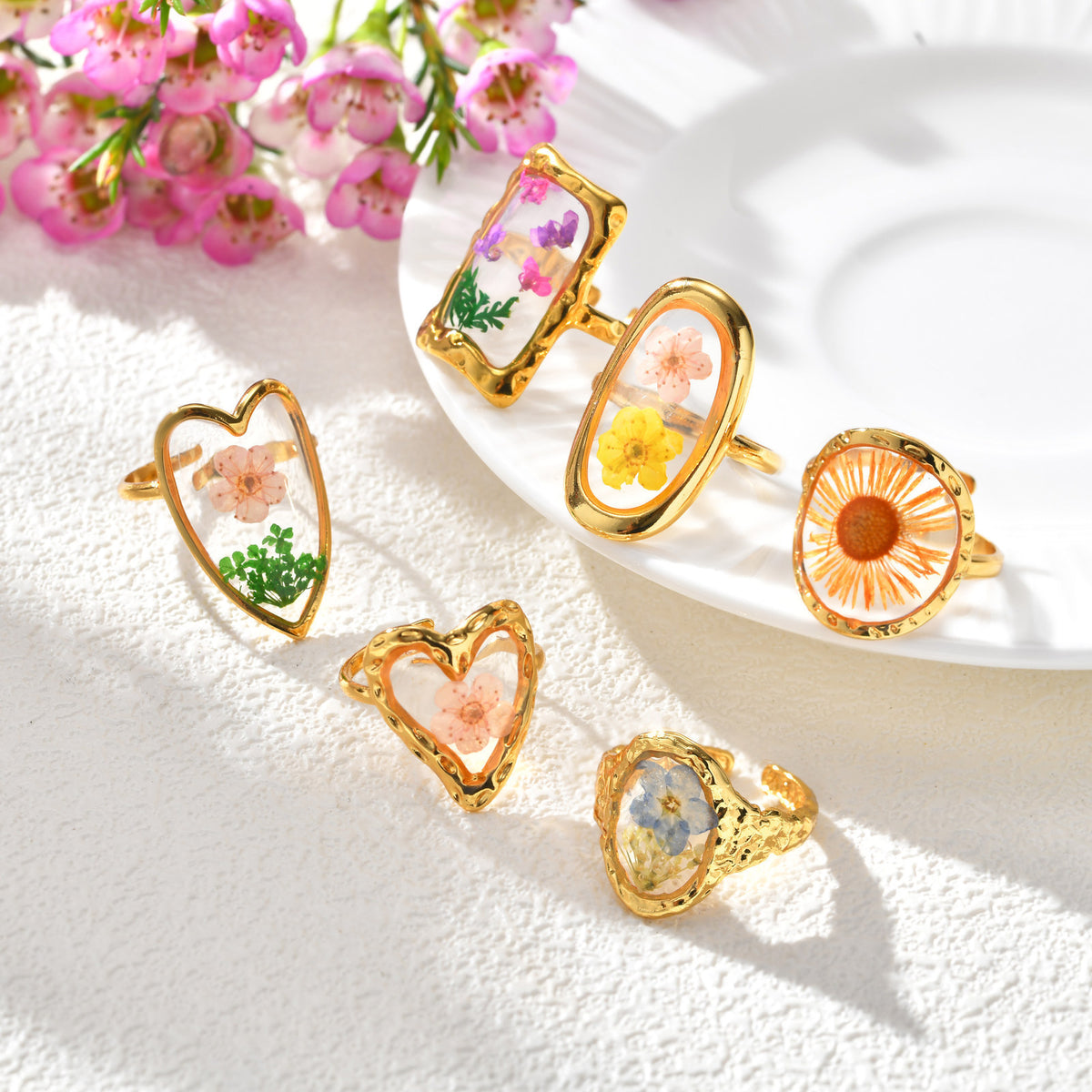 Stainless Steel Handmade Dried Flower Ring Women's Design Sense Round Heart-Shaped Glue