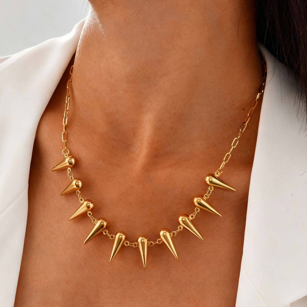 Stainless Steel Women's Hollow Water Drop Small Square Chain Cone Rivet Necklace Gold
