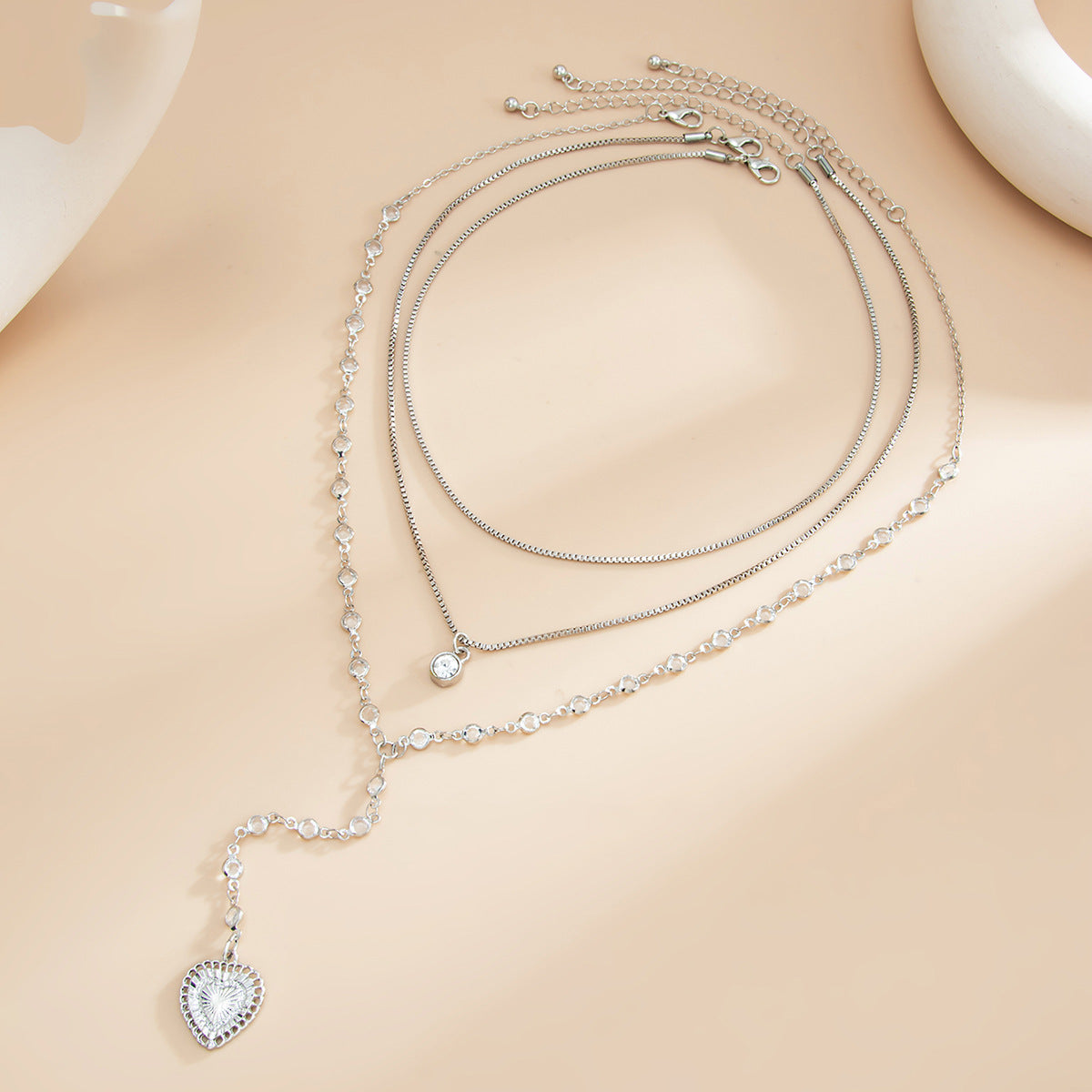 Thin Cha Stacked With Long Love-Shaped Necklaces Retro French Micro-Inlaid Zircon Collarbone Necklace