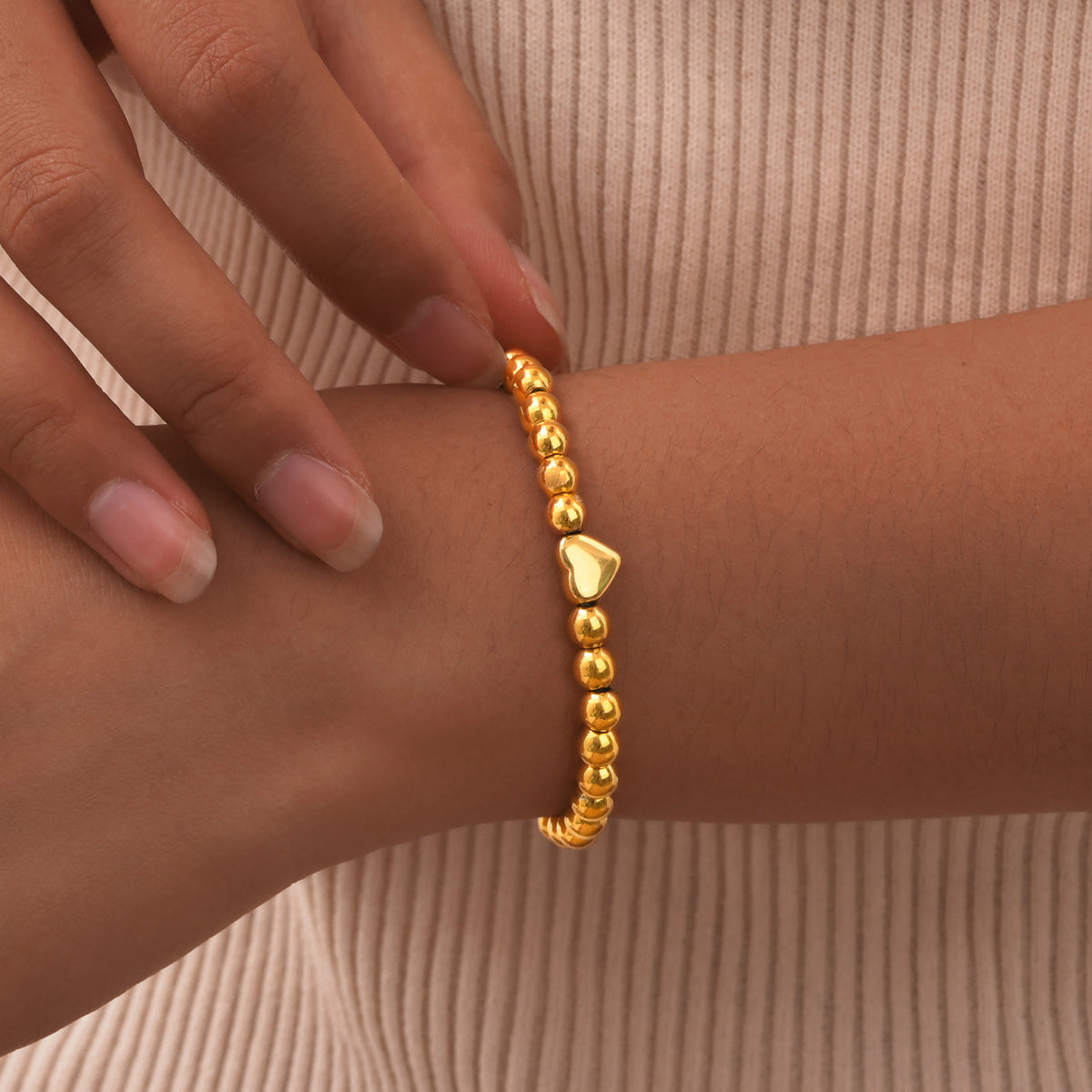 Ladies Stainless Steel Heart Steel Ball Beaded Bracelet Gold