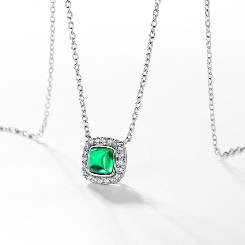 S925 Sterling Silver Lab-Grown Emerald Geometric Pendant Necklace