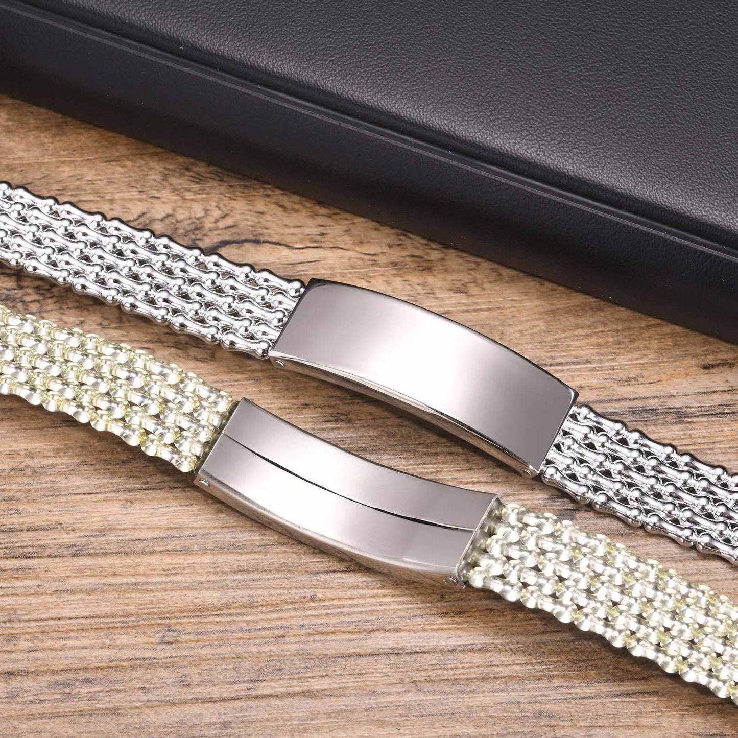 Jewelry Stainless Steel Curved Brand Black PVC Strap Bracelet Universal for Men and Women