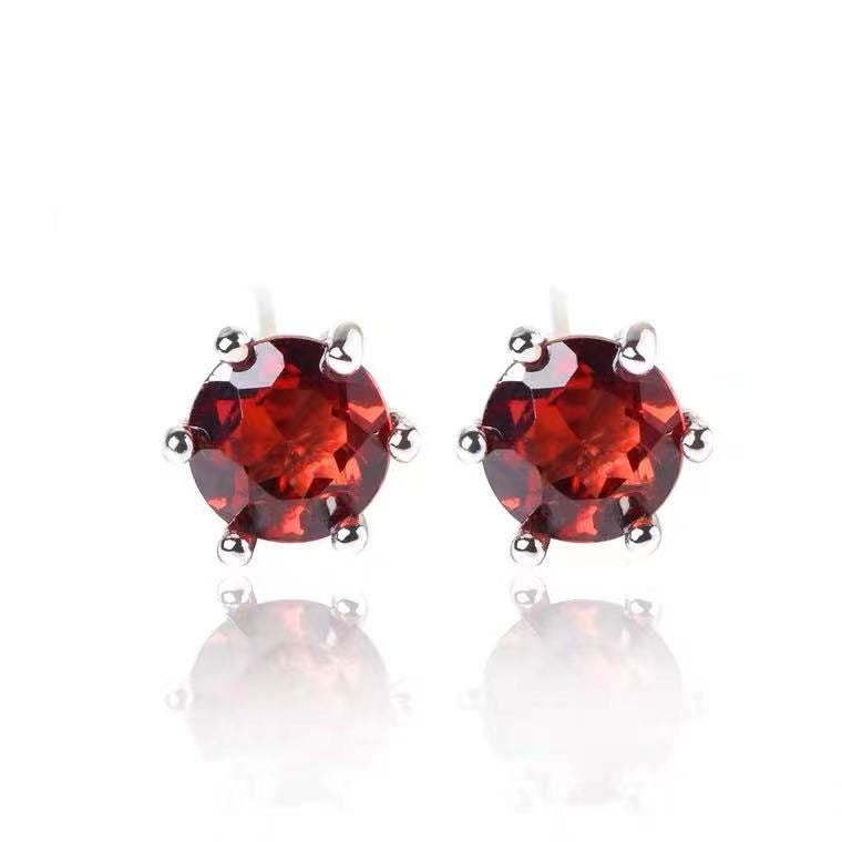 Garnet Six-Prong 925 Silver Stud Earrings