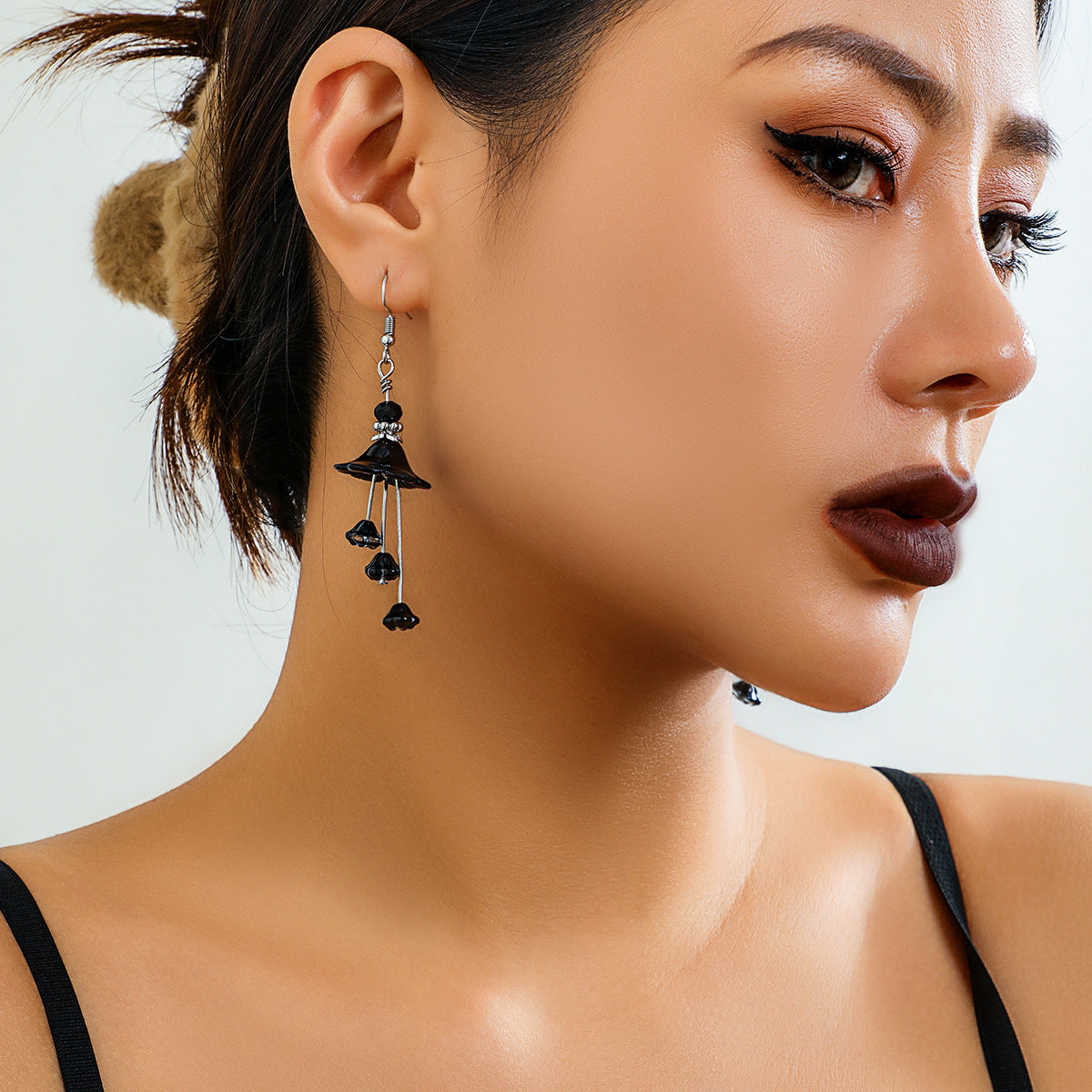 Horn Flower Tassel Earrings with Imitation Crystals - Europe and US Gothic Fashion Statement Piece for Halloween