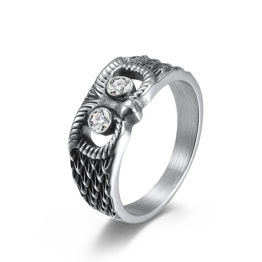 Planderful Titanium Steel Owl Zircon Ring Unisex Hip Hop Style Jewelry for Men and Women