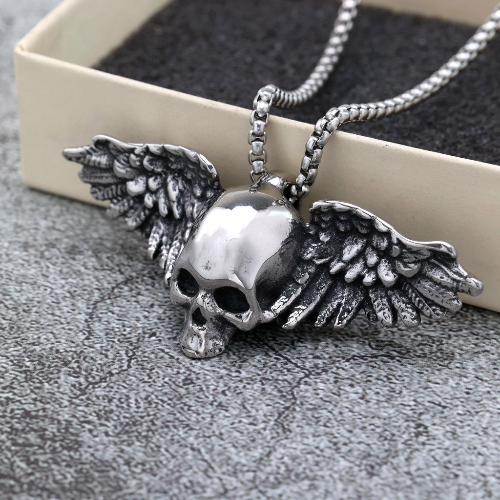 Planderful Unisex 3D Skull Wing Pendant Necklace in Retro Stainless Steel Everyday Genie Edition