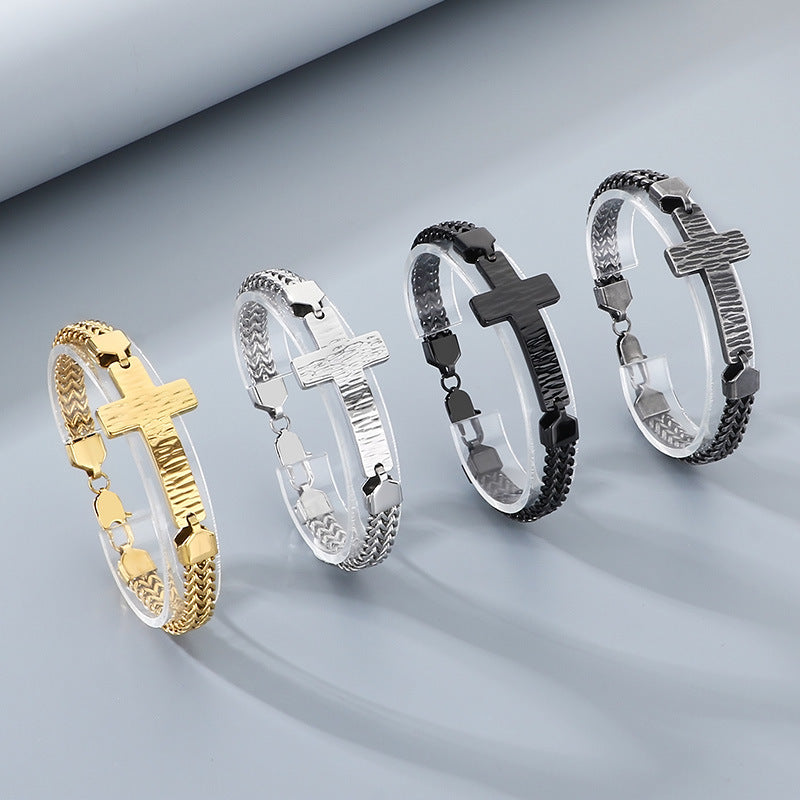 Double-Row Keel Chain Bracelet – Hammer Pattern Texture Bending Brand Cross – Stainless