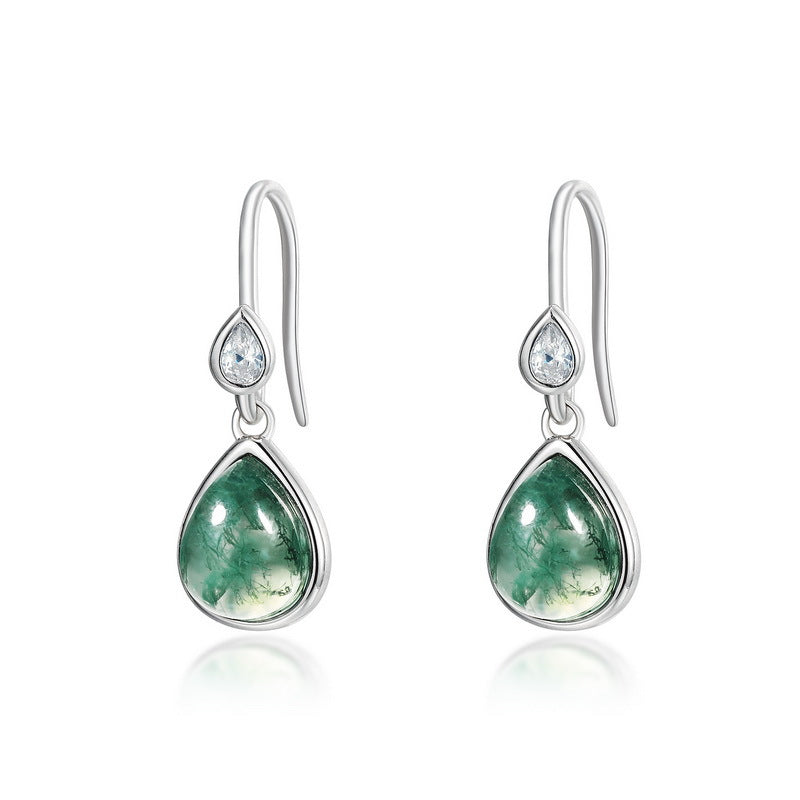 S925 Sterling Silver Moss Agate Teardrop Drop Earrings
