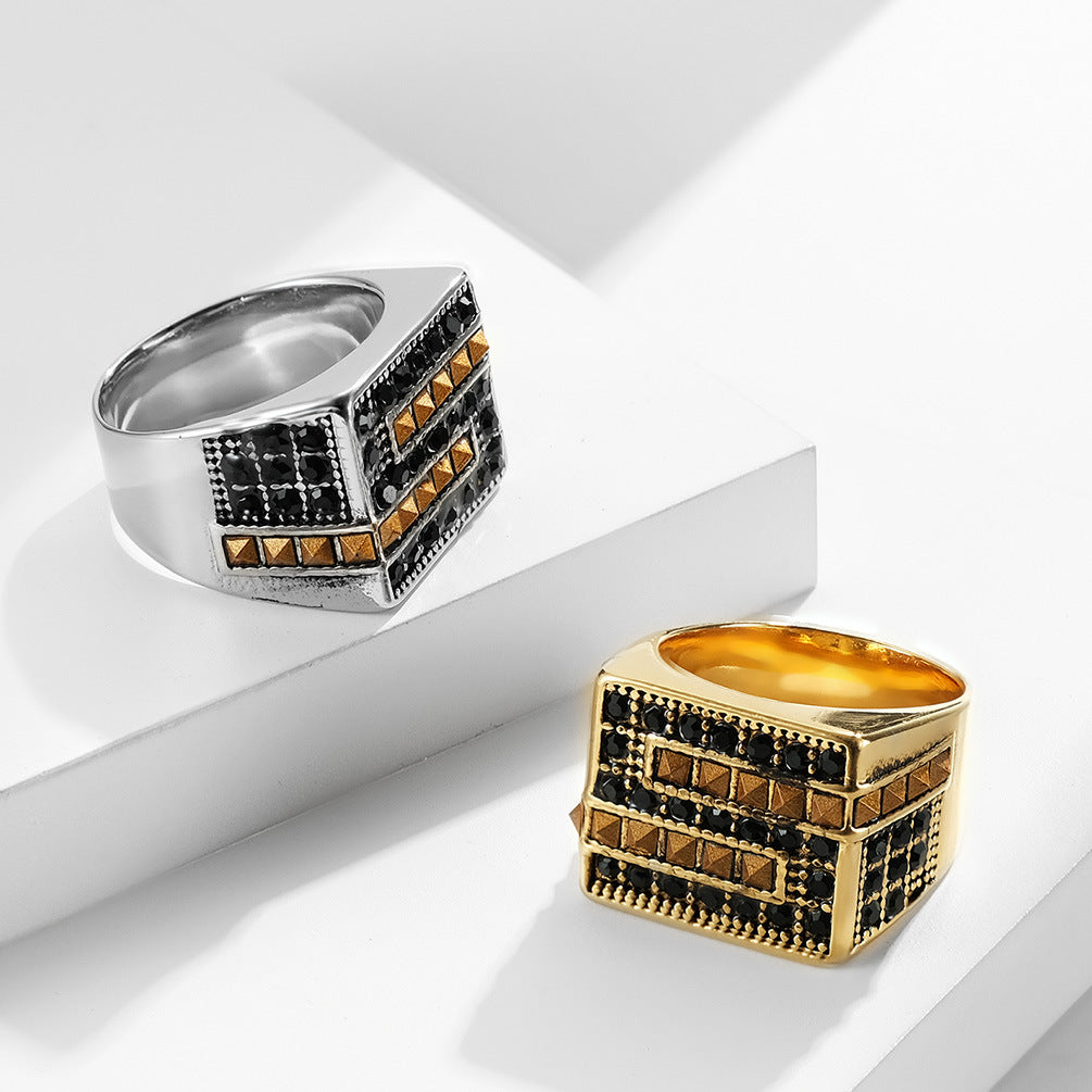 Export Zircon- Men's Stainless Steel Ring – Plated With 18k Gold