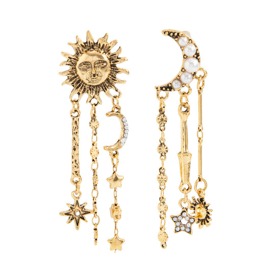 Planderful Ethnic Sun Moon Star Fringed Long Stud Earrings Imitation Pearl Versatile Statement Jewelry For Women