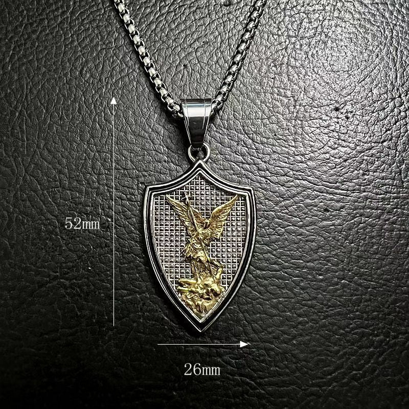 Steel Necklace - Vintage Saint Michael Shield Pendant