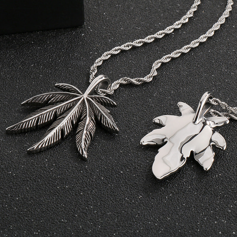 Vintage Plant Maple Leaf Straight Batch, Punk Stainless Steel Turquoise Leaf Men's Pendant Necklace