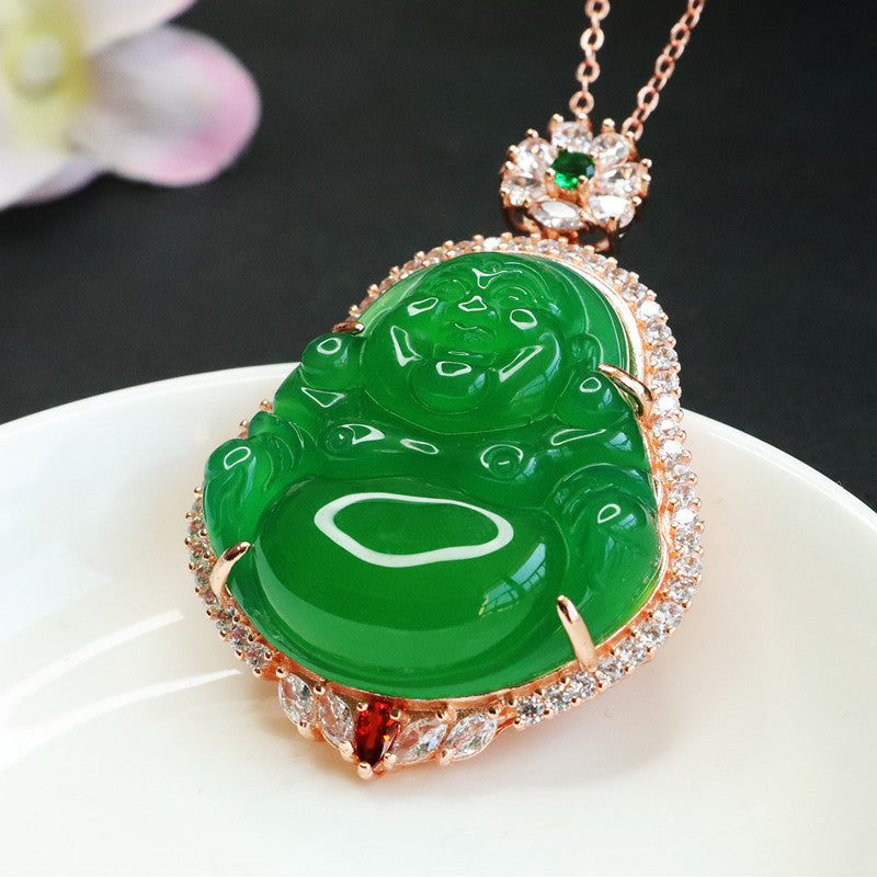 Chalcedony Buddha Pendant Necklace with Zircon Accents