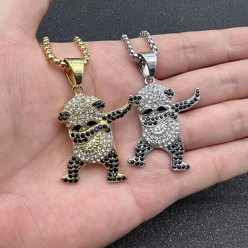 Steel Necklace - Statement Panda Pendant Necklace With Rhinestones West Coast Hip Hop Inspired