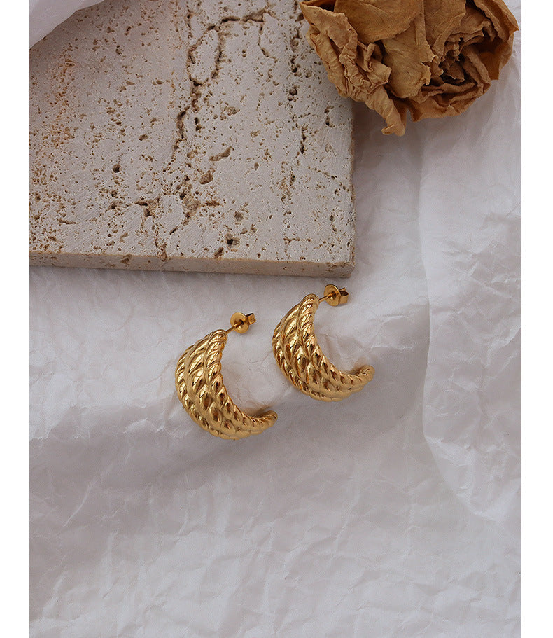 Elegant Three-Layer French Croissant Earrings in Titanium Steel and 18K Gold