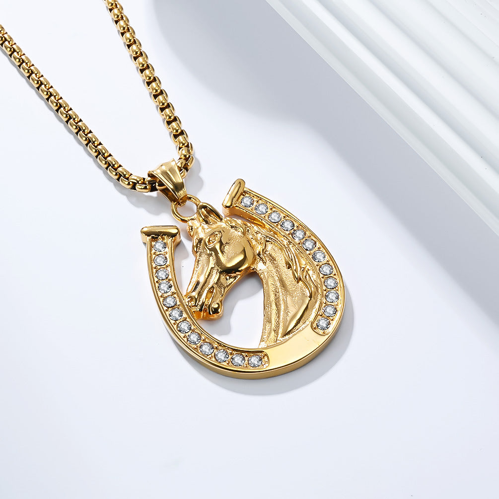 Planderful Horseshoe Necklace With Zircon Horse Head Pendant In Titanium Steel For Men Hip Hop Style Jewelry