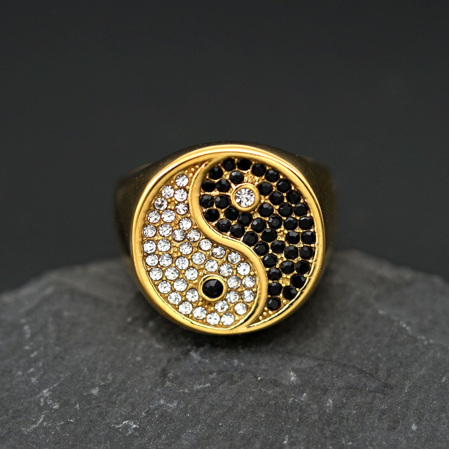 Planderful Retro Tai Chi Ring Stainless Steel With Black White Zircon Unisex Durable Gift For Him And Her