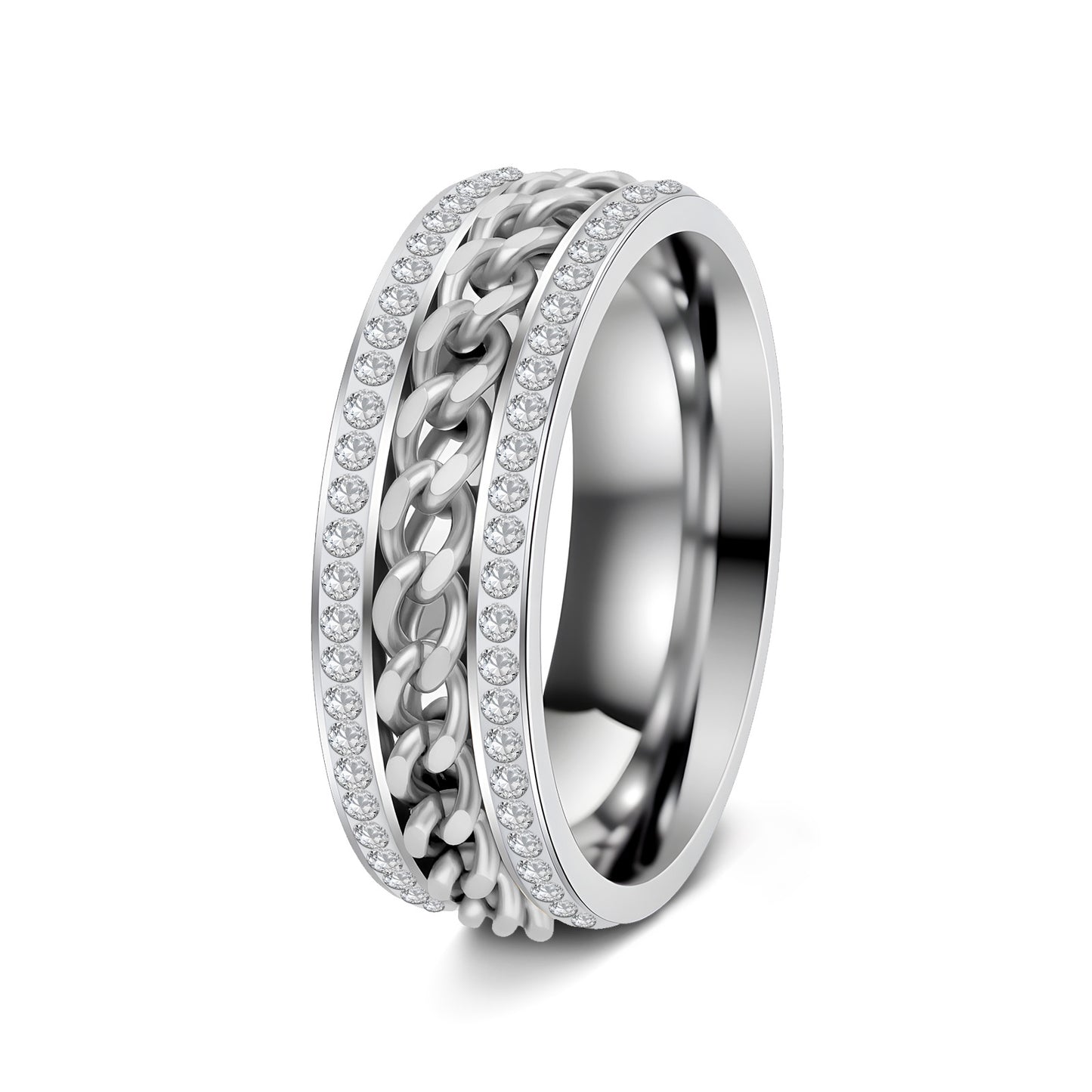 Planderful Everyday Genie Stainless Steel Rotatable Chain Double Row Zircon Couple Ring For Unisex