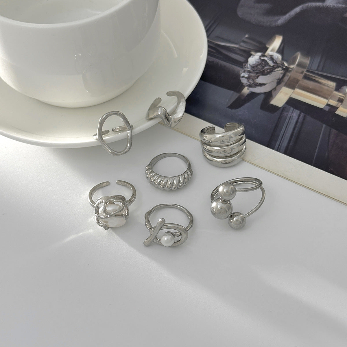 Planderful Vienna Verve Baroque Pearl Ring Geometric Stacking Statement Jewelry For Women