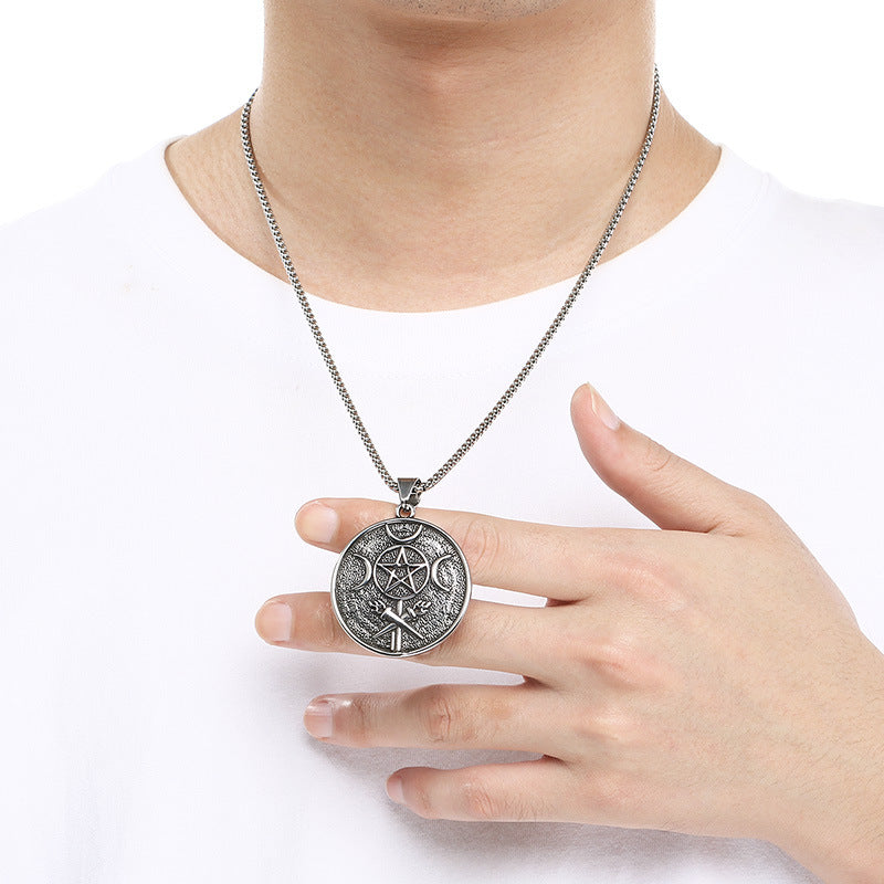 Retro Pentagram Triple Moon Necklace, Gothic Wind Snake Wrapped Pentagram Men's Titanium Steel