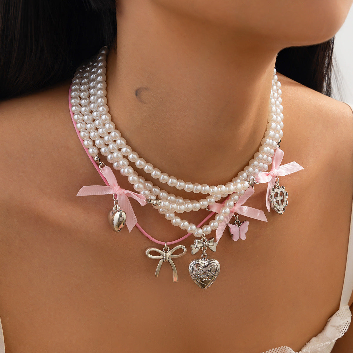 Butterfly Heart & Pearl-Style Layered Necklace