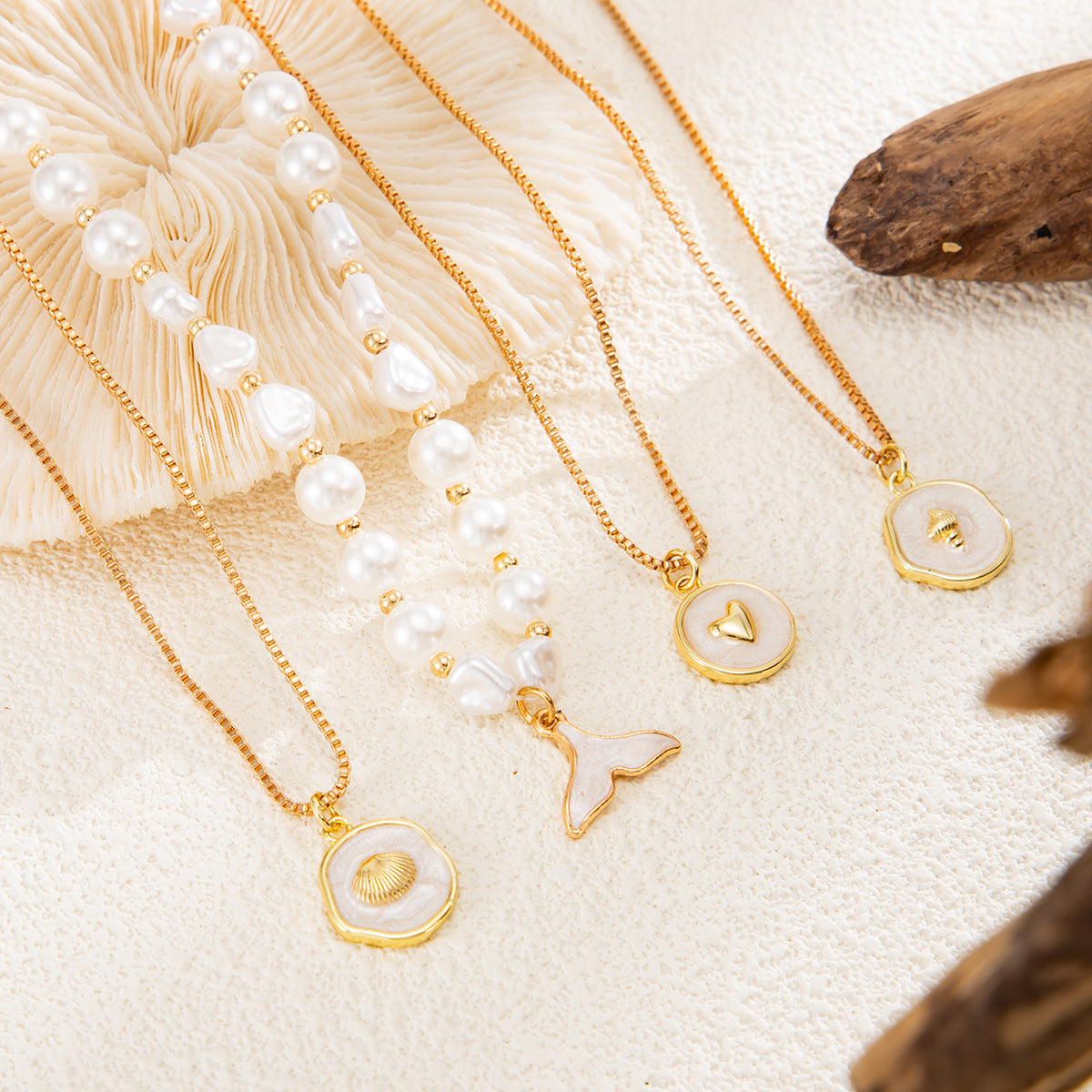Pearl-Style Fishtail Shell & Heart Necklace