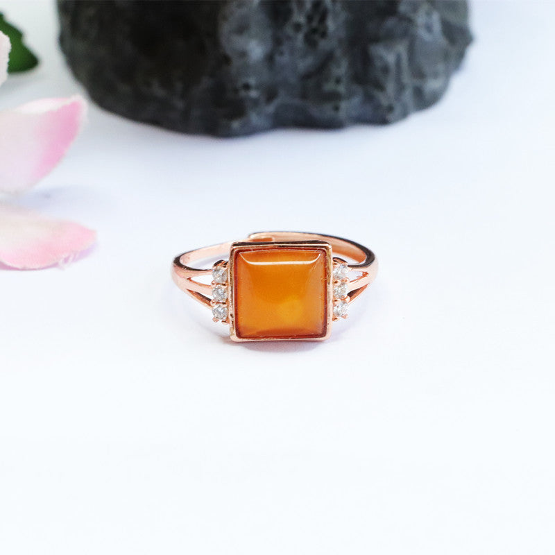 Square Russian Amber Beeswax Zircon Sterling Silver Ring with Adjustable Diameter