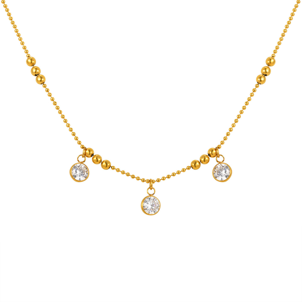 Wind Lady Collarbone Chain – Stainless Steel Bead Chain 3 Zircon Necklace