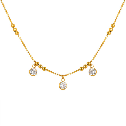 Wind Lady Collarbone Chain – Stainless Steel Bead Chain 3 Zircon Necklace