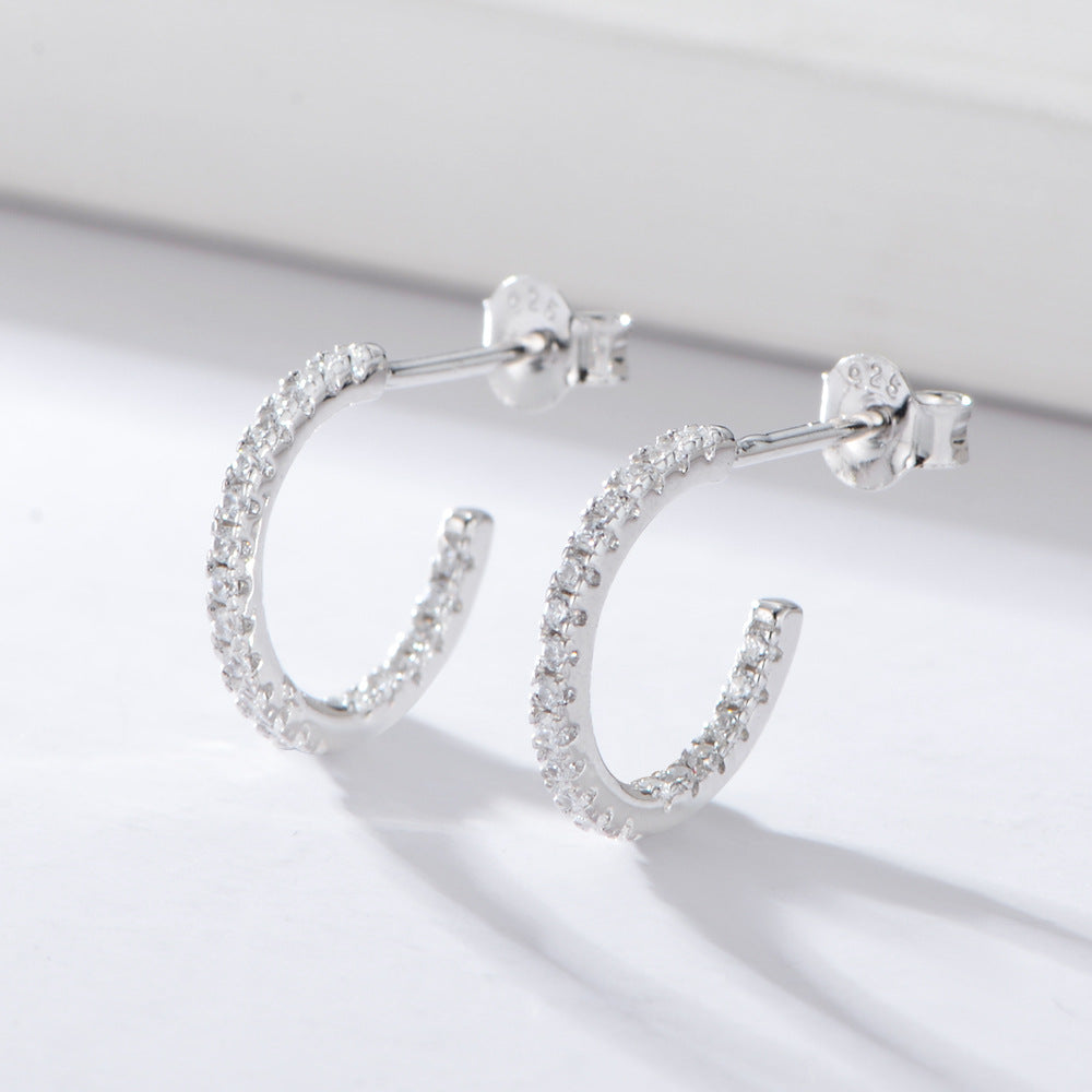 S925 Sterling Silver Slightly Inlaid Colored Zircon C-Shaped Earrings,